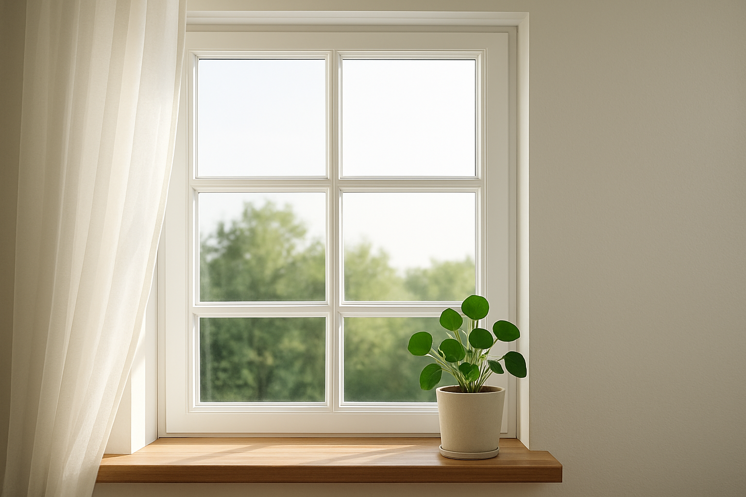 現代北歐風格的客廳，陽光透過窗戶灑落，地板上形成簡潔的光影圖案，營造明亮通透的空間感。