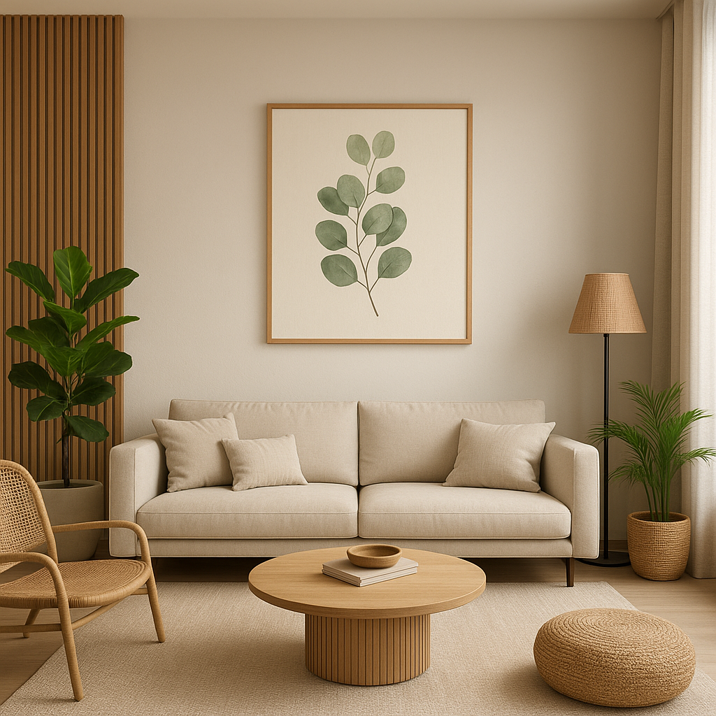 特寫木紋肌理的牆面，搭配棉麻質感的沙發和石材質感的茶几，展現自然材質的溫潤與和諧。